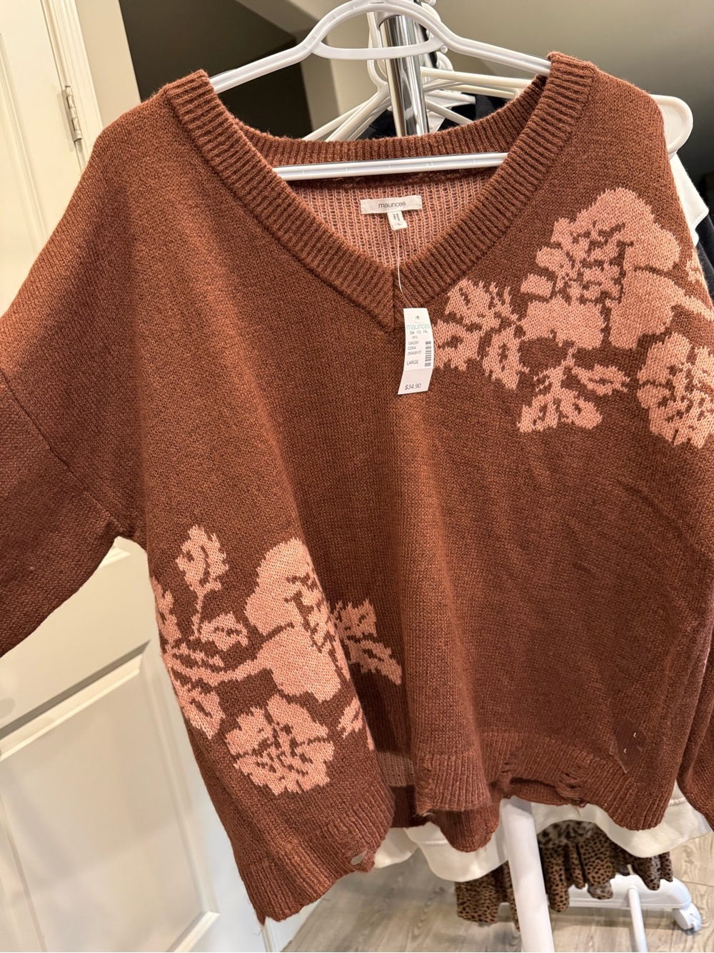 V-Neck Floral Sweater - Rust with Pink Accent